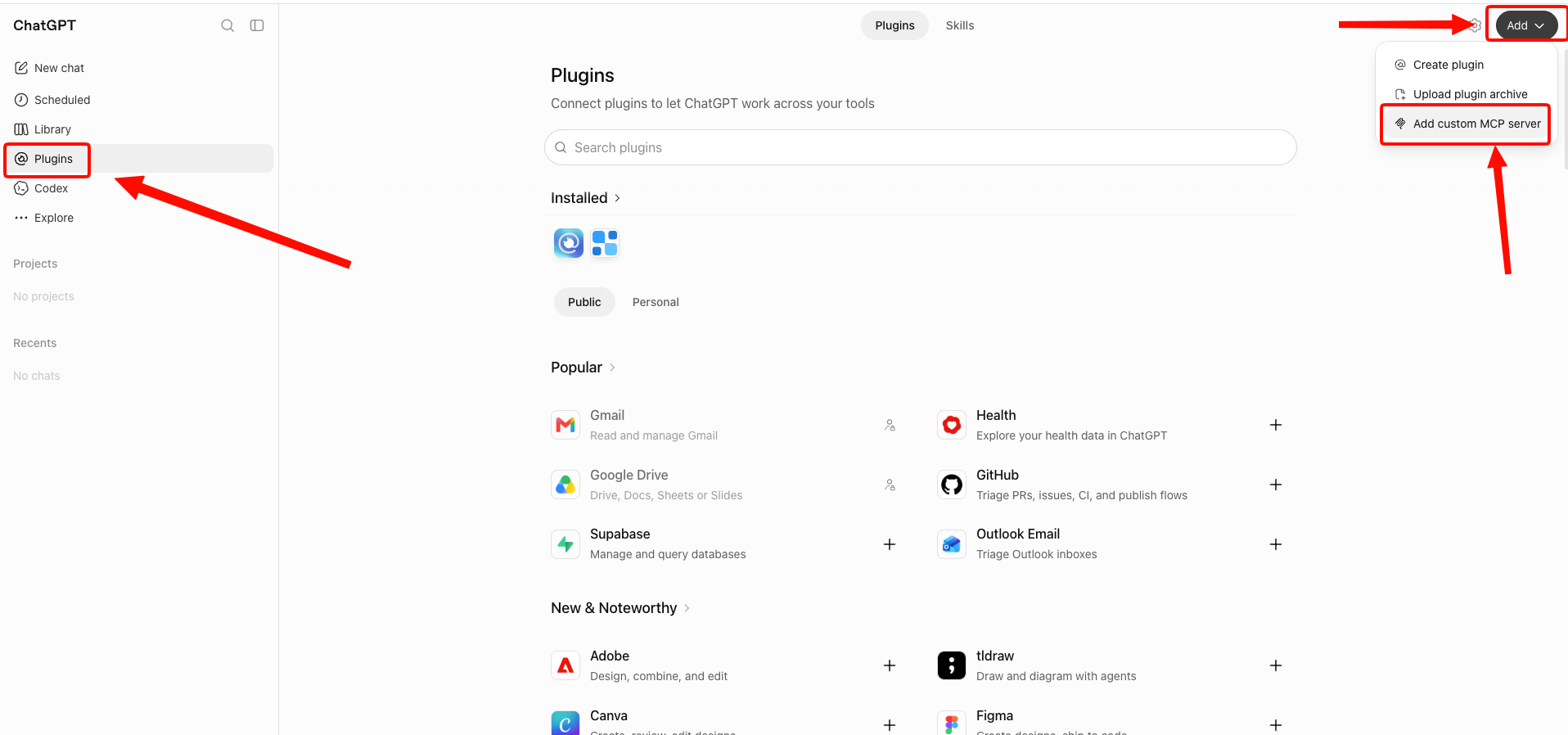 Add button in the top right corner of the ChatGPT plugins page, with the Add custom MCP server option