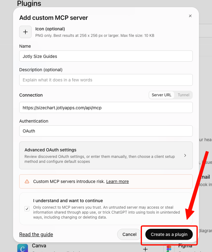 Custom MCP server form in ChatGPT with the name, the Jotly server URL and OAuth selected