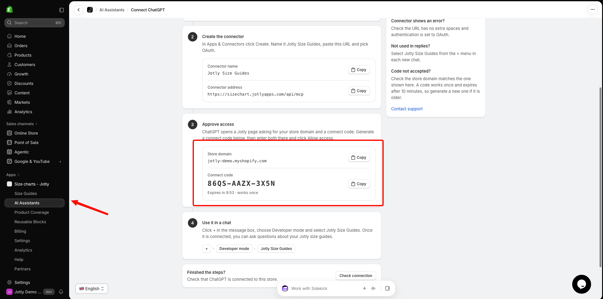 Approve access step in the Jotly app showing the store domain and the Generate connect code button