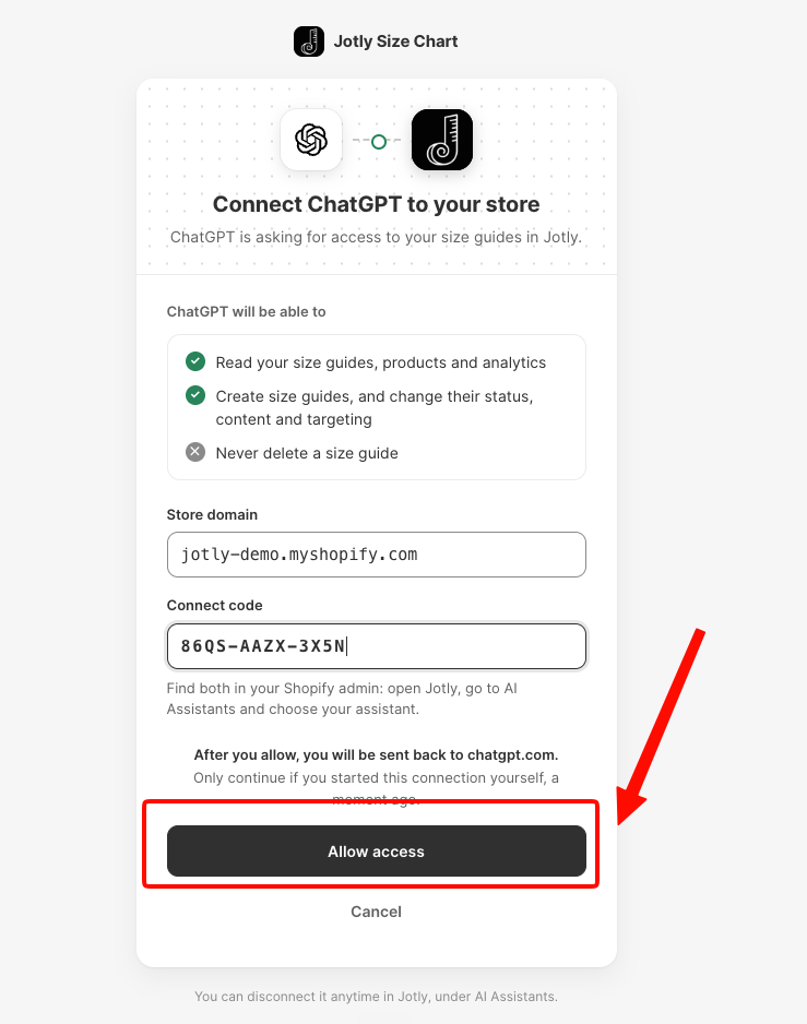 Jotly page asking for the store domain and connect code, with the Allow access button