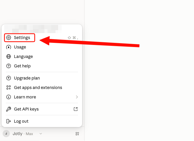 Settings option in the Claude profile menu