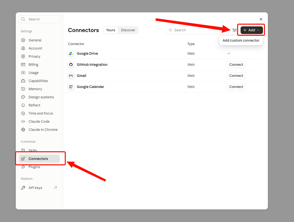Connectors in Claude settings, with the Add button and the Add custom connector option