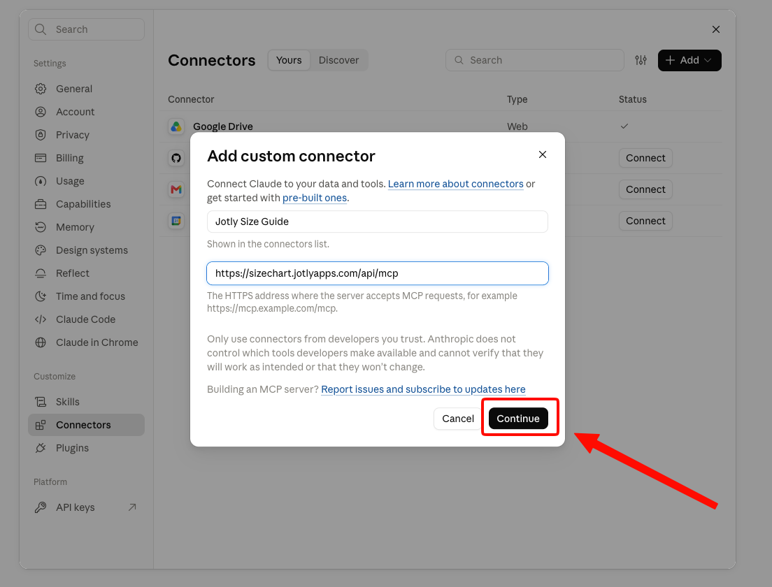 Add custom connector window with the connector name and the Jotly URL filled in