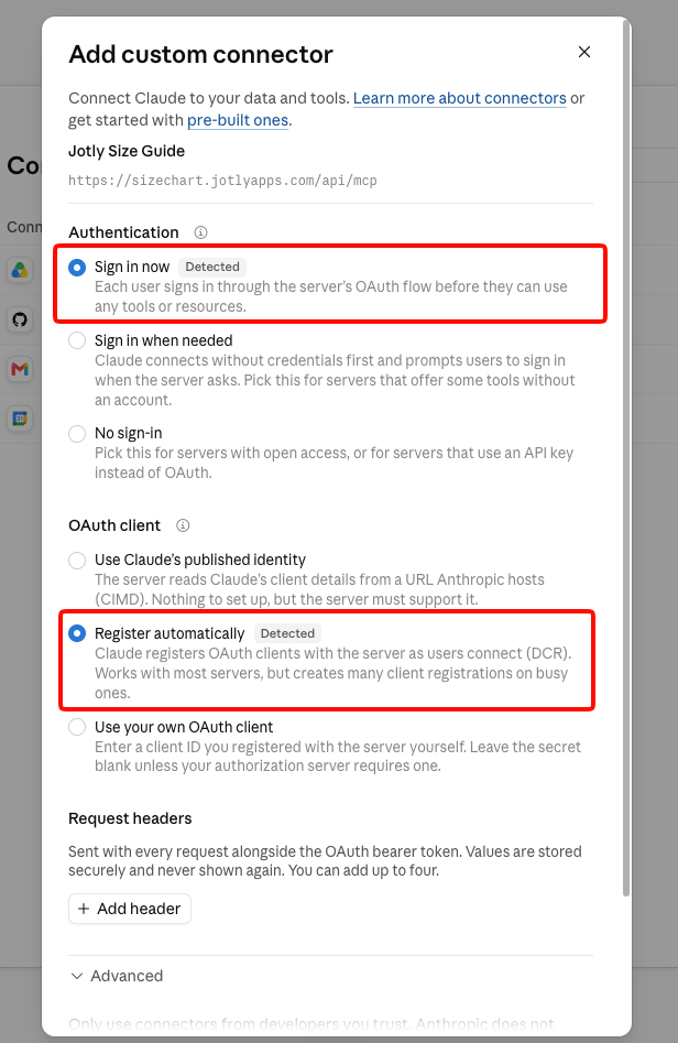 Connector options in Claude with Sign in now and Register automatically selected by default