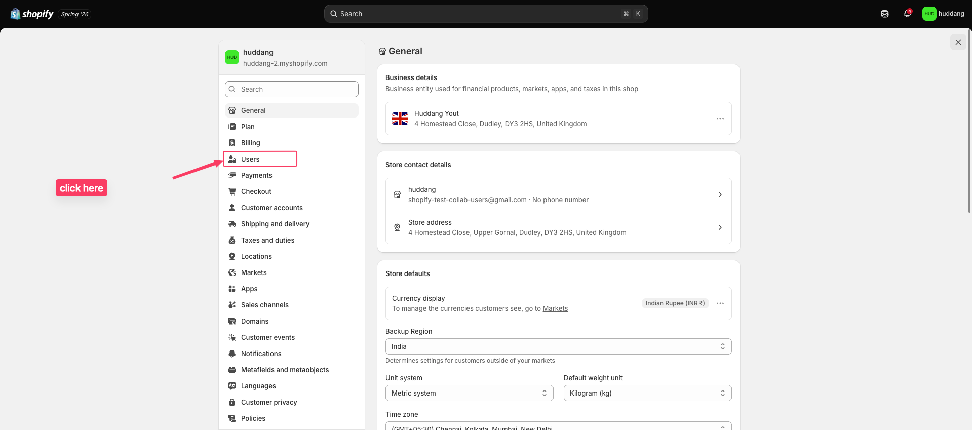 Settings in the bottom left corner of the store page