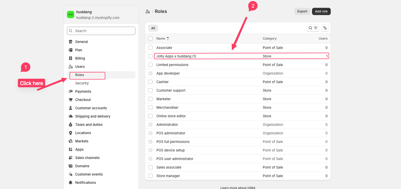 The jotlyapps role in the Roles list with 1 active user