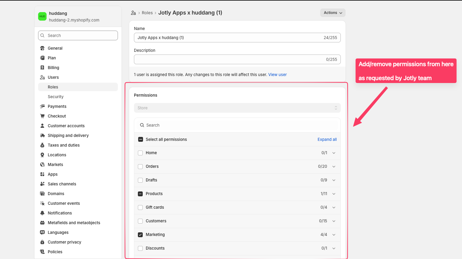 Selecting new permissions for the jotlyapps role and saving the changes