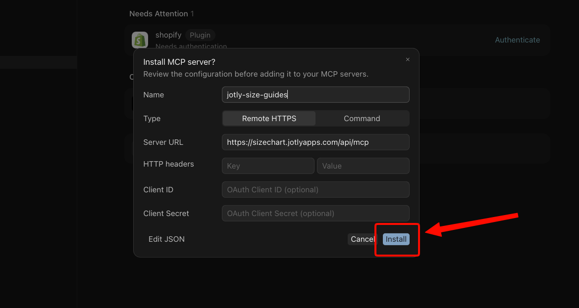 Jotly details filled in inside Cursor, with the Install button