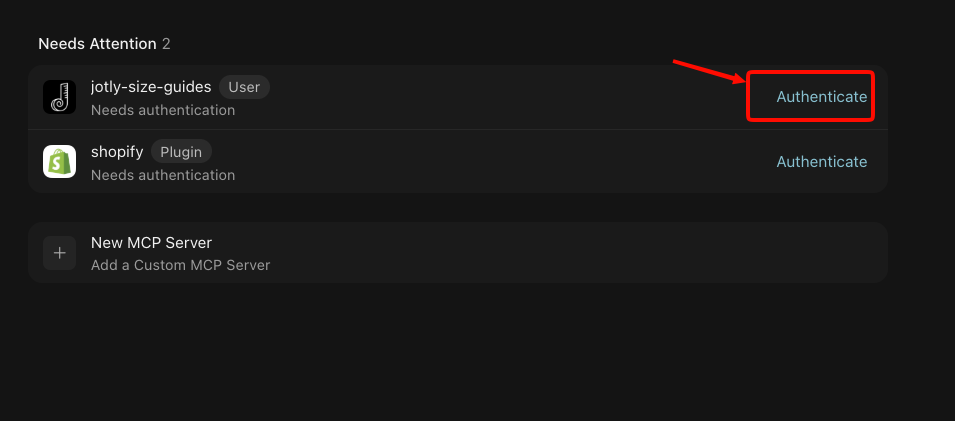Authenticate button for the Jotly connection in Cursor