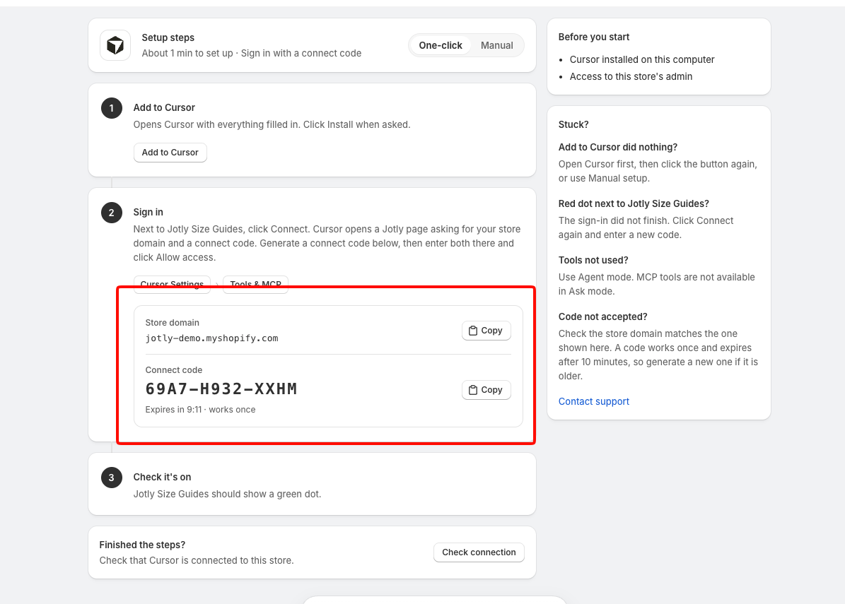 Store domain and the Generate connect code button on the Connect Cursor page in the Jotly app