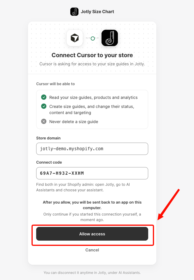 Jotly page asking for the store domain and connect code, with the Allow access button