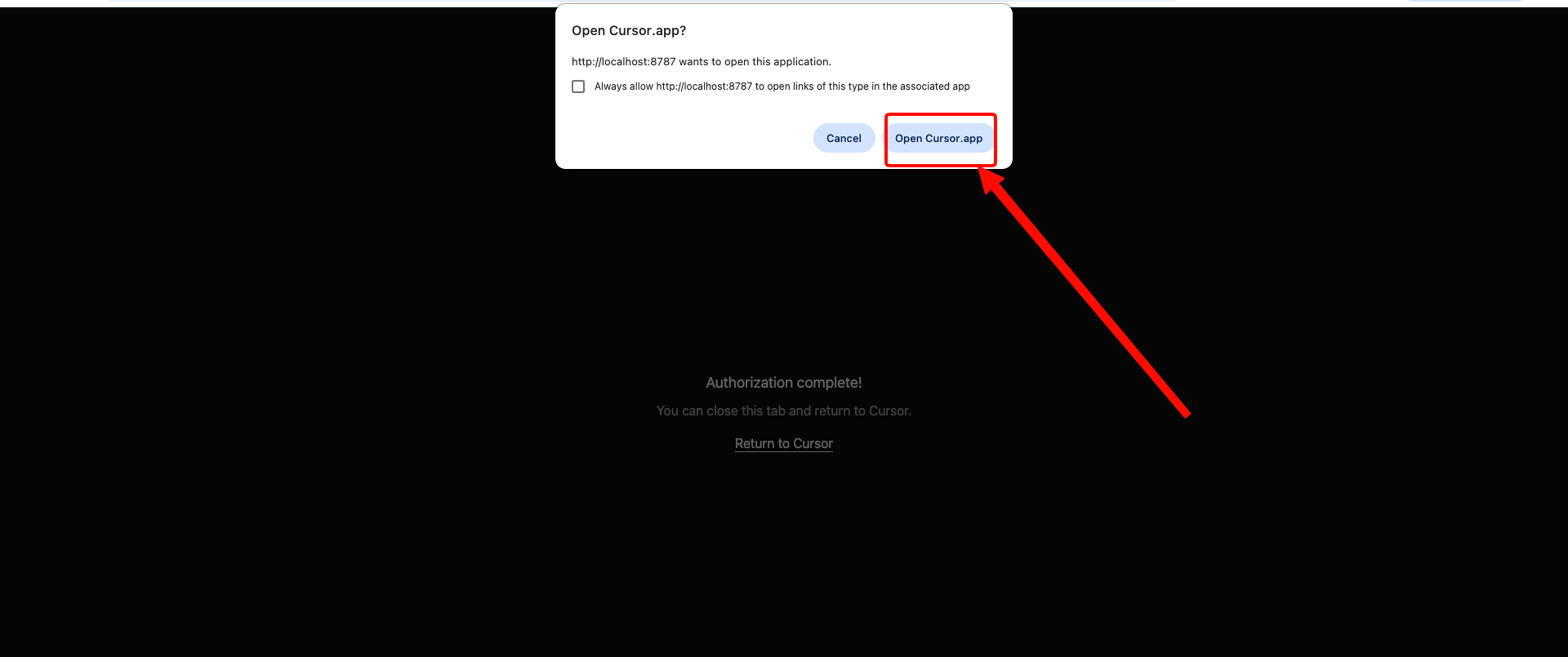 Browser prompt asking to open the Cursor app